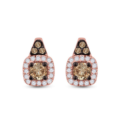 14k Rose Gold Round Brown Diamond Halo Earrings 3/8 Cttw