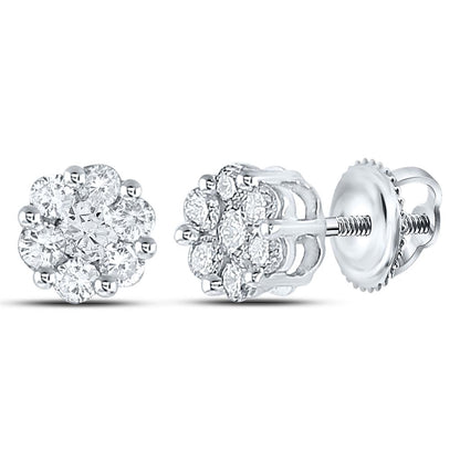 14k White Gold Round Diamond Flower Cluster Earrings 1/2 Cttw