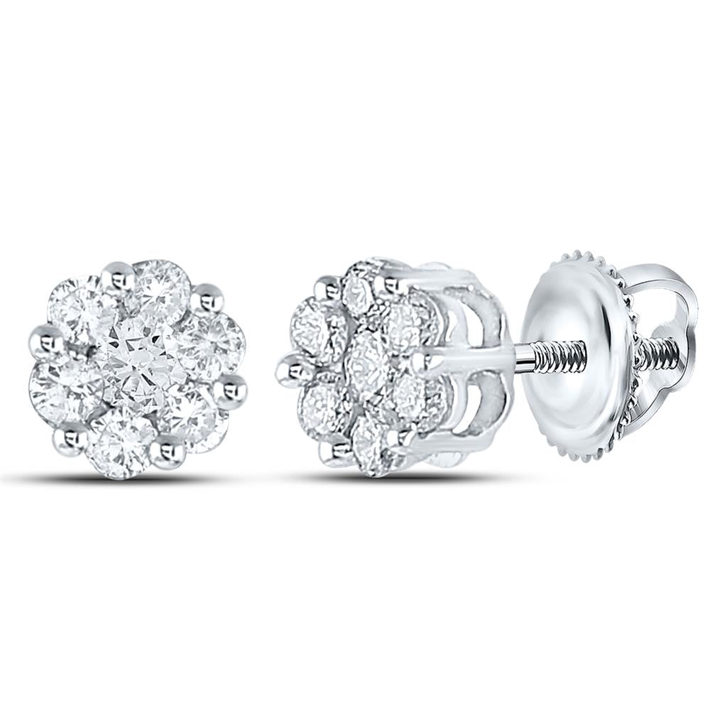 14k White Gold Round Diamond Flower Cluster Stud Earrings 1/2 Cttw