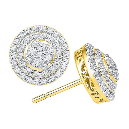10k Yellow Gold Diamond Concentric Circle Layered Cluster Earrings 3/4 Cttw