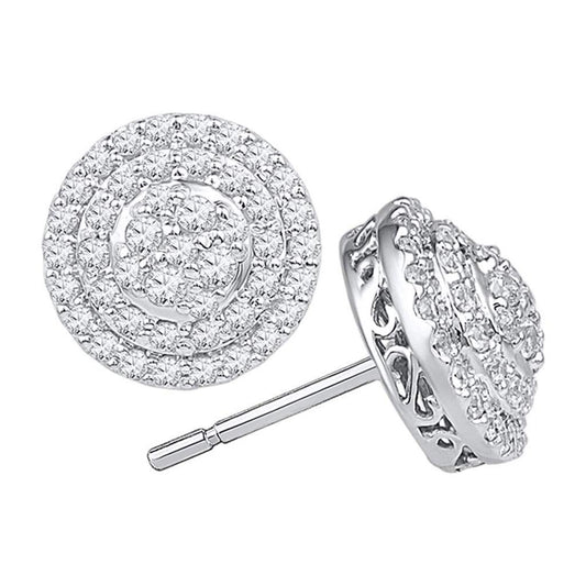 14k White Gold Diamond Concentric Circle Layered Cluster Earrings 3/4 Cttw