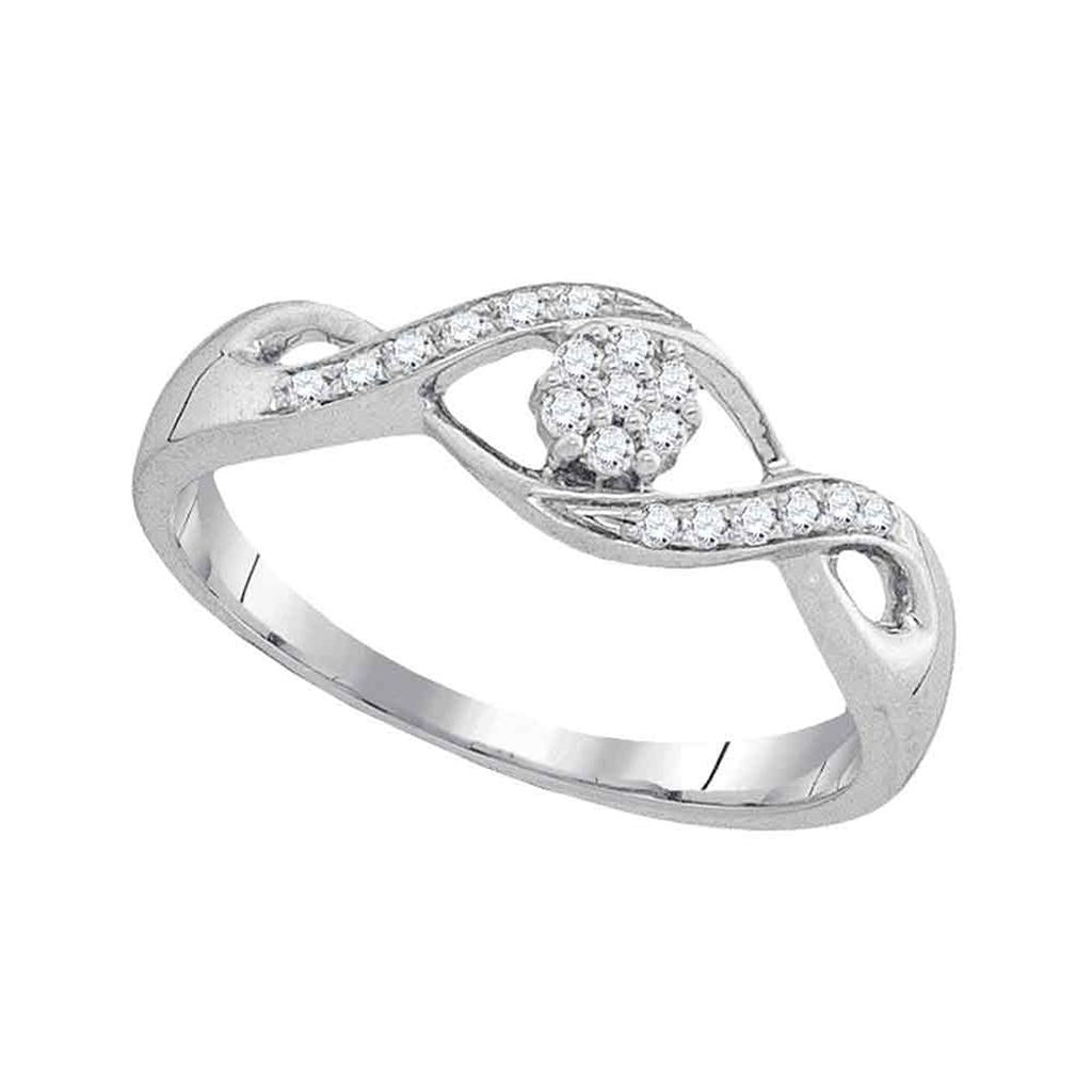 14k White Gold Round Diamond Twist Flower Cluster Ring 1/8 Cttw