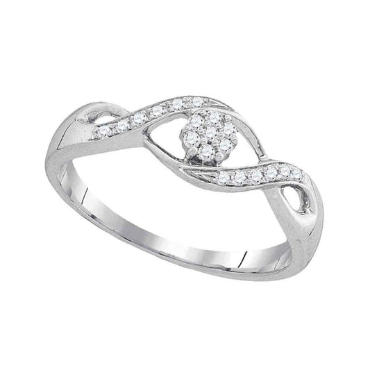 14k White Gold Round Diamond Twist Flower Cluster Ring 1/8 Cttw