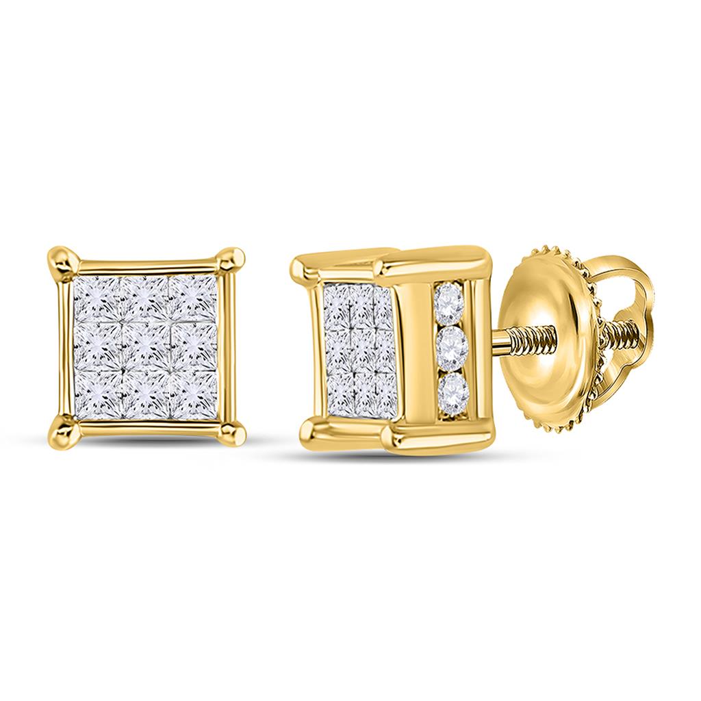 14k Yellow Gold Princess Diamond Cluster Stud Earrings 1/2 Cttw