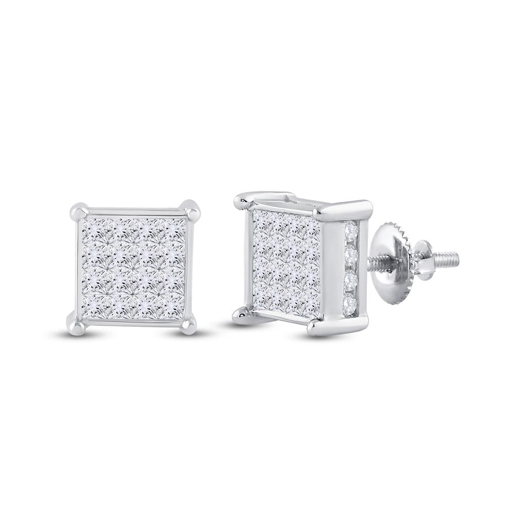 14k White Gold Princess Diamond Cluster Stud Earrings 1 Cttw
