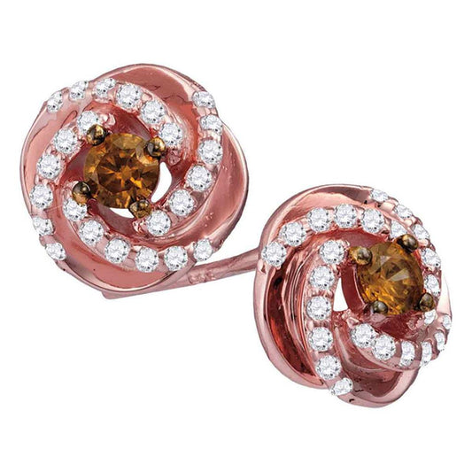 10k Rose Gold Round Brown Diamond Swirl Fashion Earrings 1/2 Cttw