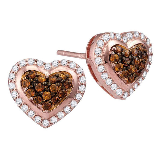 10k Rose Gold Brown Diamond Heart Cluster Earrings 1/2 Cttw