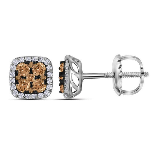 14k White Gold Brown Diamond Square Cluster Earrings 1/2 Cttw