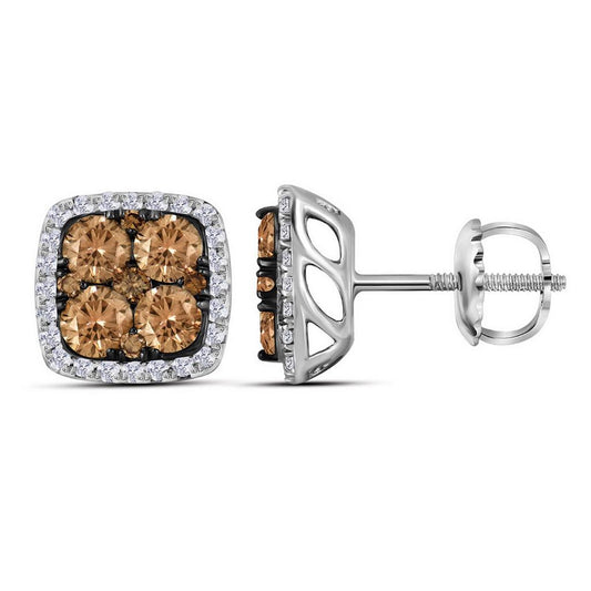 14k White Gold Round Brown Diamond Square Cluster Earrings 1 Cttw