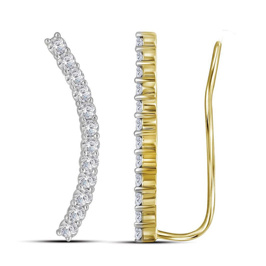 14k Yellow Gold Round Diamond Curved Contour Climber Earrings 1 Cttw