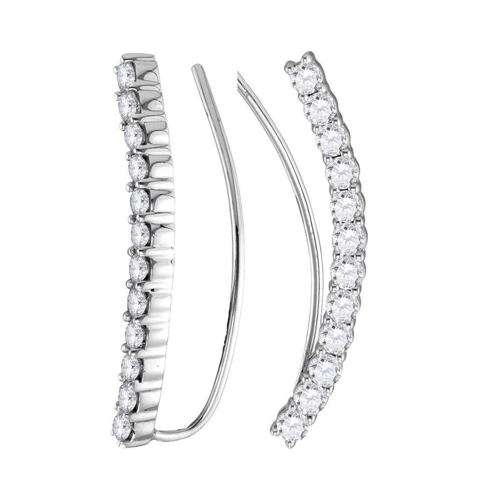 14k White Gold Round Diamond Curved Bowed Climber Earrings 1 Cttw