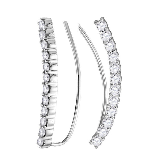 14k White Gold Round Diamond Curved Bowed Climber Earrings 1 Cttw
