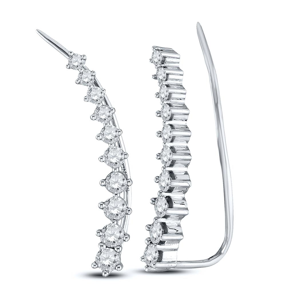 14k White Gold Round Diamond Graduated Journey Climber Earrings 3/4 Cttw