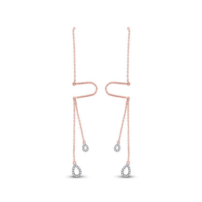 10k Rose Gold Round Diamond Double Teardrop Dangle Threader Earrings 1/8 Cttw