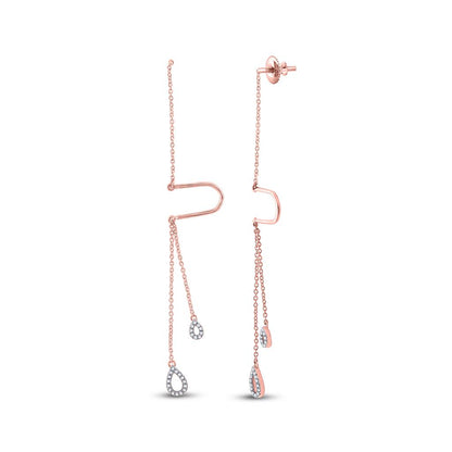 10k Rose Gold Round Diamond Double Teardrop Dangle Threader Earrings 1/8 Cttw
