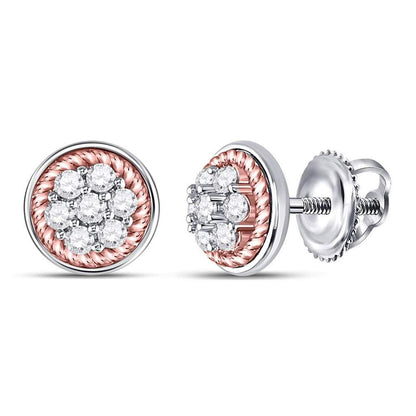 10k Two-tone Gold Round Diamond Rope Frame Flower Cluster Earrings 1/2 Cttw