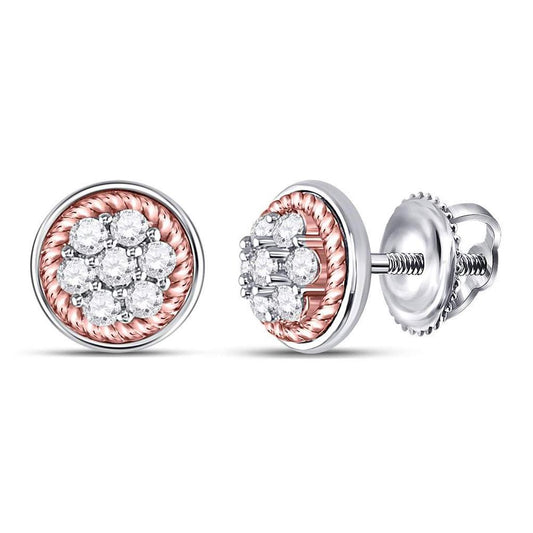 10k Two-tone Gold Round Diamond Rope Frame Flower Cluster Earrings 1/2 Cttw