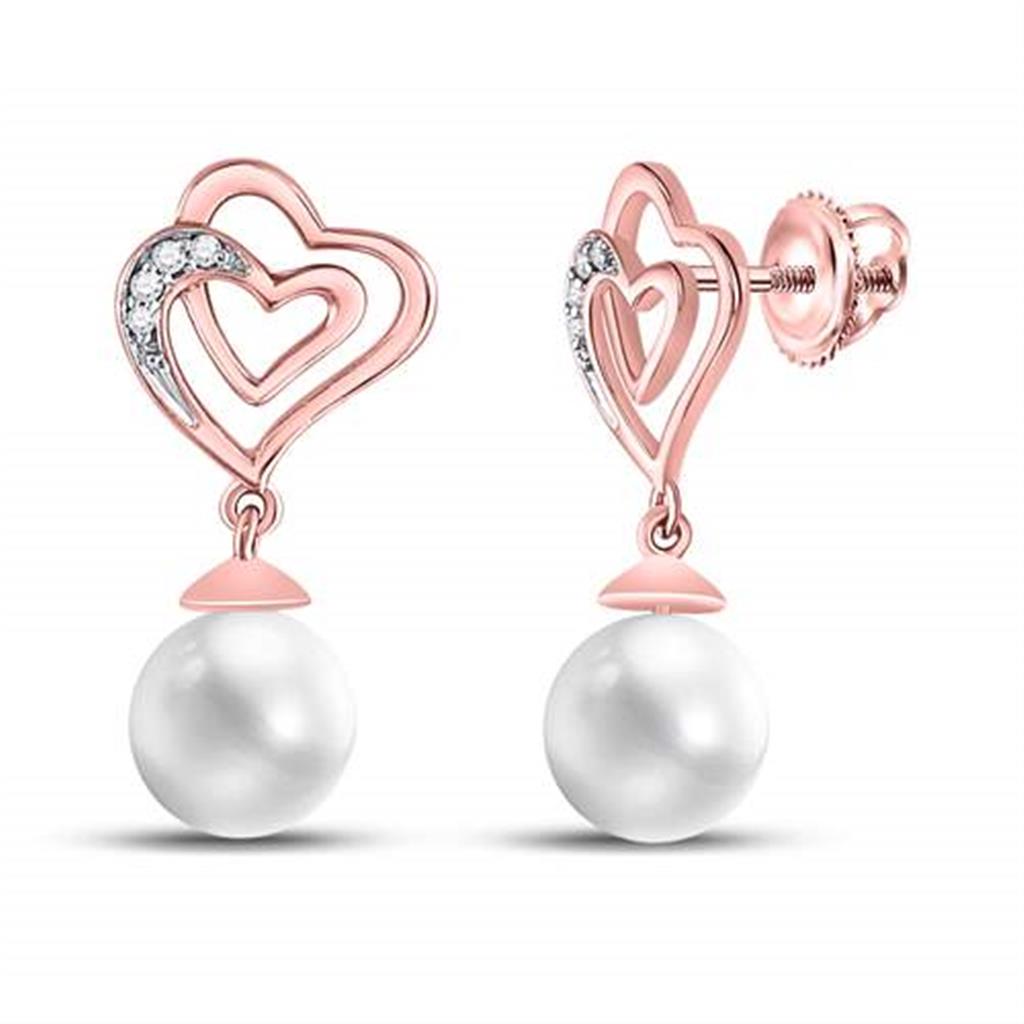 10k Rose Gold Round Diamond Pearl Heart Dangle Earrings 1/20 Cttw