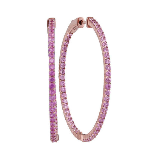 14k Rose Gold Pink Sapphire Slender Inside Outside Hoop Earrings 3-3/4 Cttw