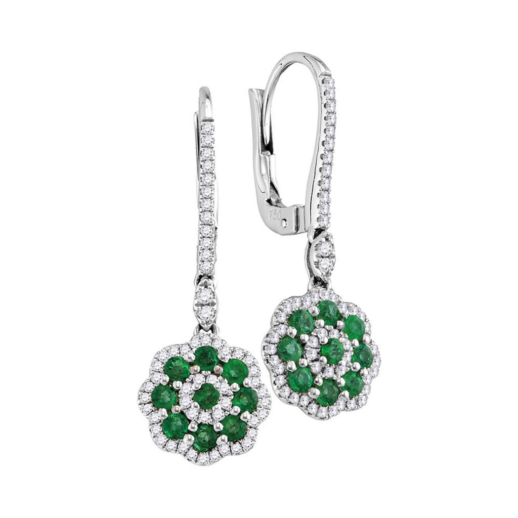 18k White Gold Round Emerald Diamond Dangle Earrings 1 Cttw