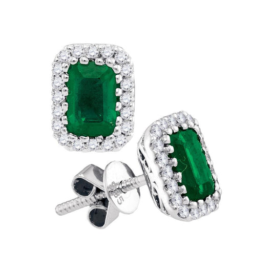 14k White Gold Cushion Emerald Diamond Stud Earrings 1-1/2 Cttw