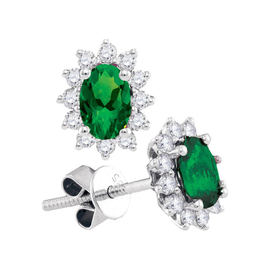 14k White Gold Oval Emerald Diamond Solitaire Earrings 1 Cttw