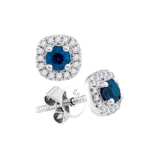 14k White Gold Round Blue Sapphire Solitaire Diamond Frame Earrings 1/2 Cttw