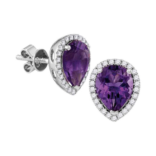 14k White Gold Pear Amethyst Solitaire Diamond Frame Stud Earrings 1-1/2 Cttw