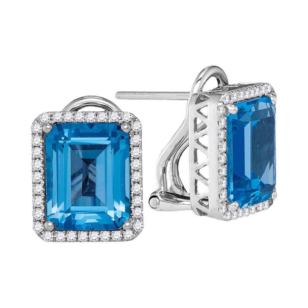 14k White Gold Cushion Blue Topaz Solitaire Diamond Earrings 3-5/8 Cttw