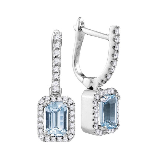 14k White Gold Cushion Aquamarine Solitaire Diamond Hoop Dangle Earrings 1/3 Cttw