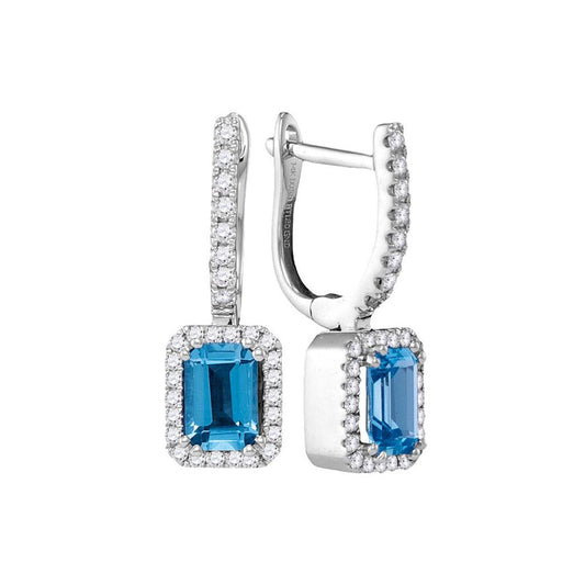 14k White Gold Cushion Blue Topaz Solitaire Diamond Hoop Dangle Earrings 1/3 Cttw