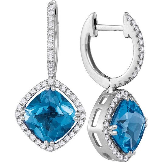 14k White Gold Cushion Natural Blue Topaz Diamond Dangle Earrings 5-1/2 Cttw