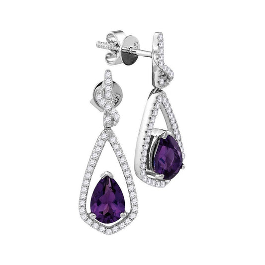 14k White Gold Pear Amethyst Solitaire Teardrop Diamond Dangle Earrings 1/3 Cttw