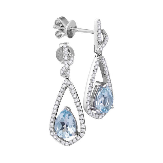 14k White Gold Pear Natural Aquamarine Diamond Dangle Earrings 1/3 Cttw