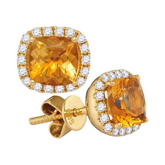 14k Yellow Gold Princess Natural Citrine Diamond Stud Earrings 1/4 Cttw