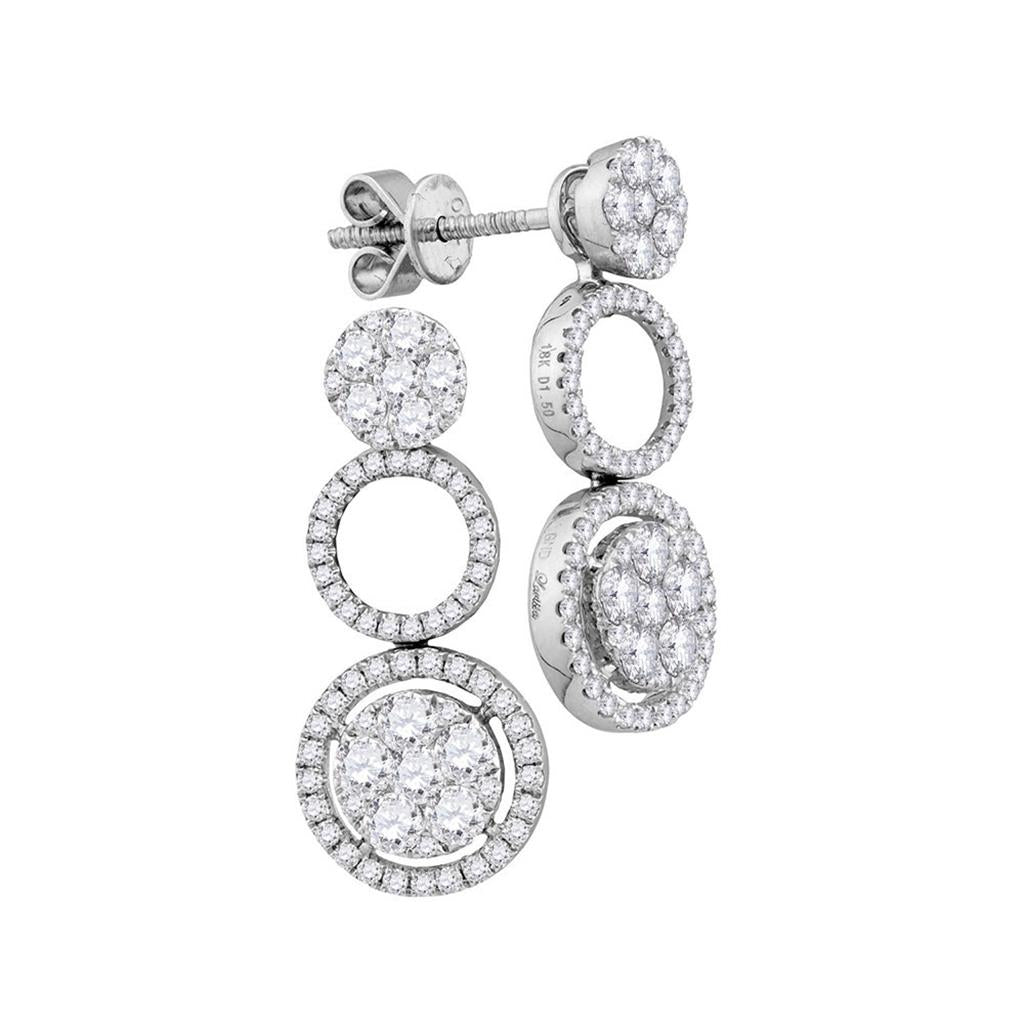 18k White Gold Round Diamond Circle Cluster Dangle Earrings 1-1/2 Cttw