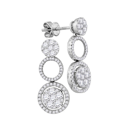 18k White Gold Round Diamond Circle Cluster Dangle Earrings 1-1/2 Cttw