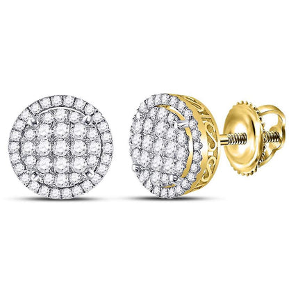 14k Yellow Gold Round Diamond Circle Frame Cluster Earrings 1-1/4 Cttw