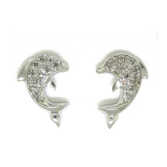 14k White Gold Round Diamond Dolphin Earrings 1/6 Cttw