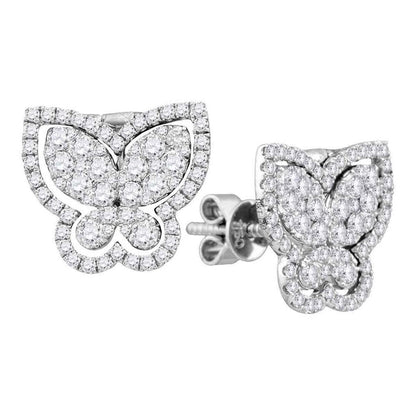 18k White Gold Round Diamond Butterfly Bug Stud Earrings 1-1/4 Cttw