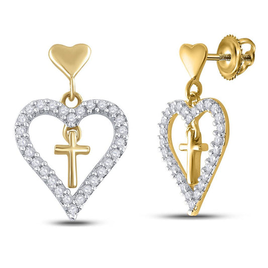14k Yellow Gold Round Diamond Heart Cross Dangle Earrings 1/3 Cttw