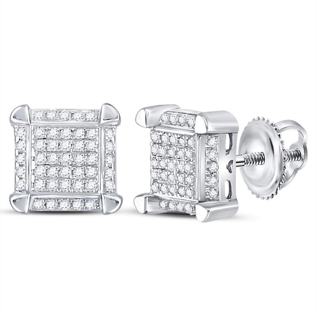 14kt White Gold Mens Round Diamond Square Cluster Stud Earrings 1/6 Cttw