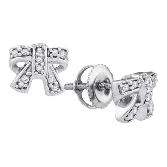 14k White Gold Round Diamond Ribbon Bow Earrings 1/10 Cttw