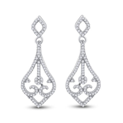 14k White Gold Round Diamond Scroll Teardrop Dangle Earrings 1/3 Cttw