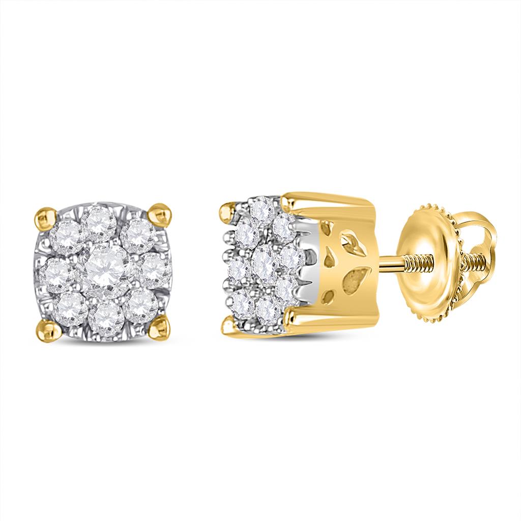 14k Yellow Gold Round Diamond Flower Cluster Earrings 1/4 Cttw