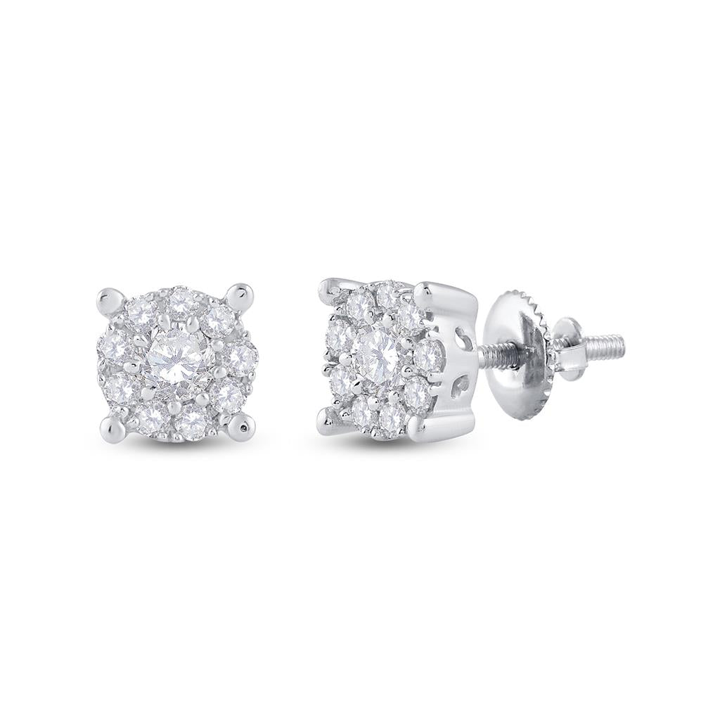 14k White Gold Round Diamond Solitaire Cluster Stud Earrings 1/3 Cttw