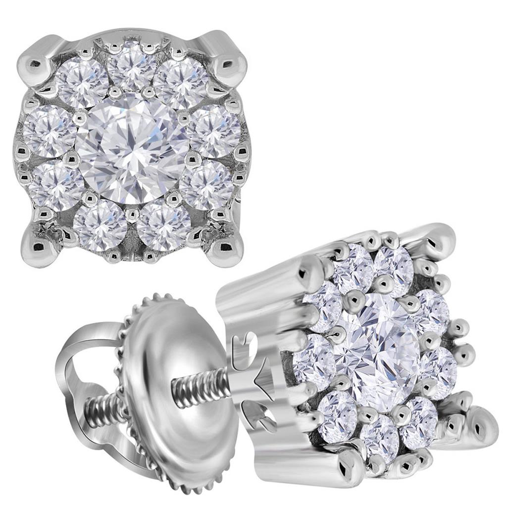 14k White Gold Round Diamond Halo Earrings 3/4 Cttw
