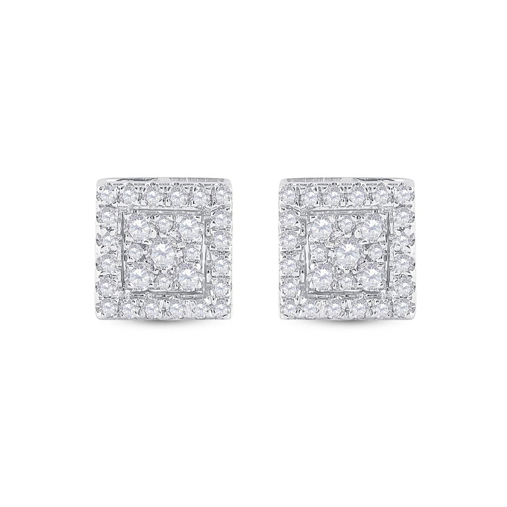 14k White Gold Round Diamond Square Cluster Stud Earrings 1/2 Cttw