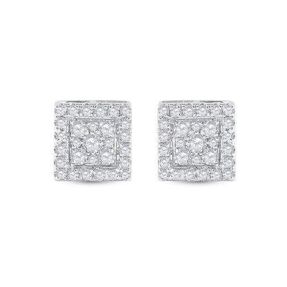 14k White Gold Round Diamond Square Cluster Stud Earrings 1/2 Cttw