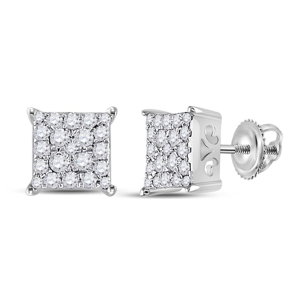 14k White Gold Round Diamond Square Cluster Earrings 1/4 Cttw